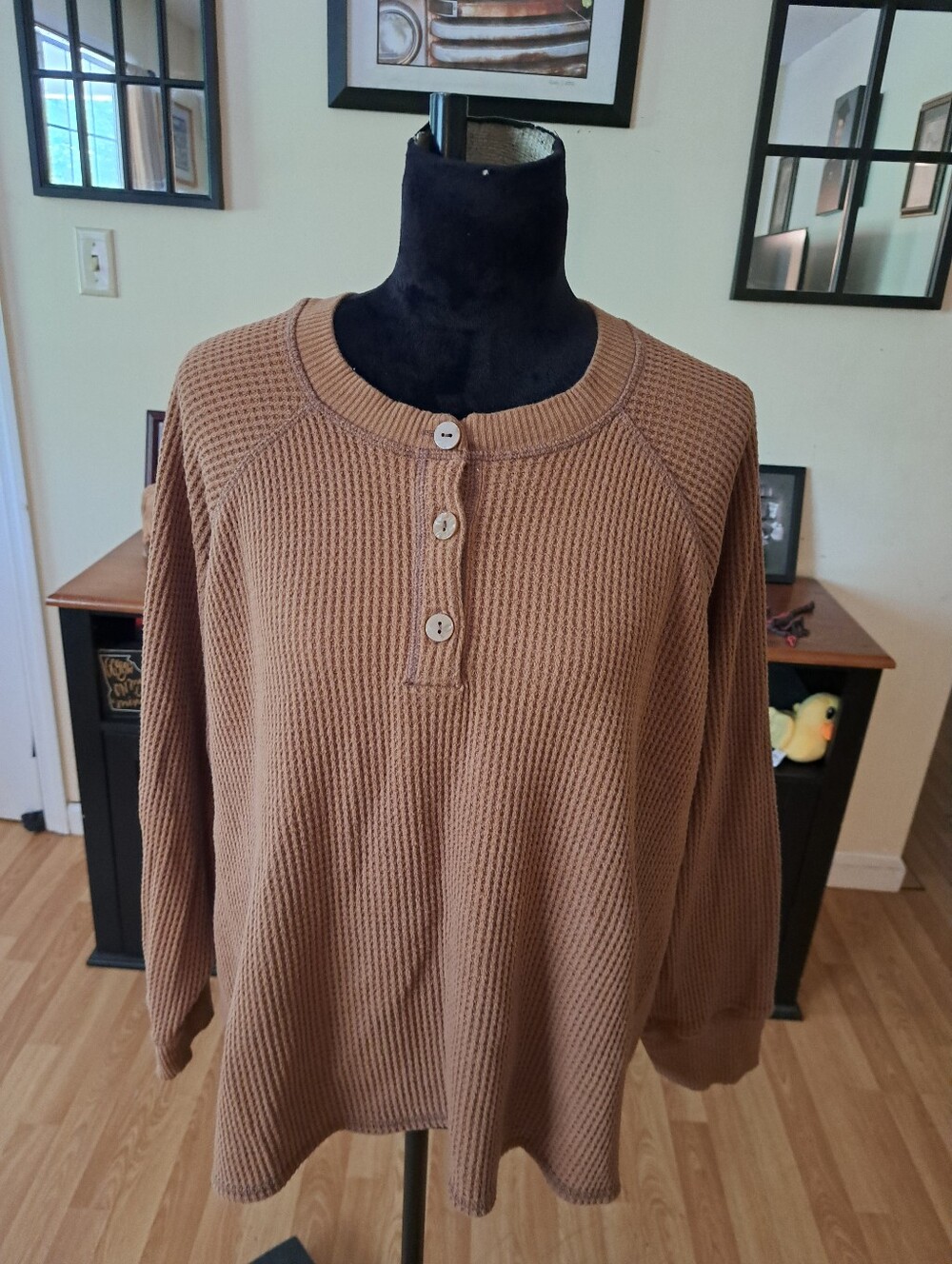 Old Navy 3X Brown Waffle Knit Henley Pullover Shirt Long Sleeve Sycamore Bark